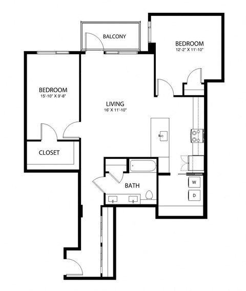 A black and white image of a house floor plan with a balcony, two bedrooms, a living room, a closet, and a bathroom.